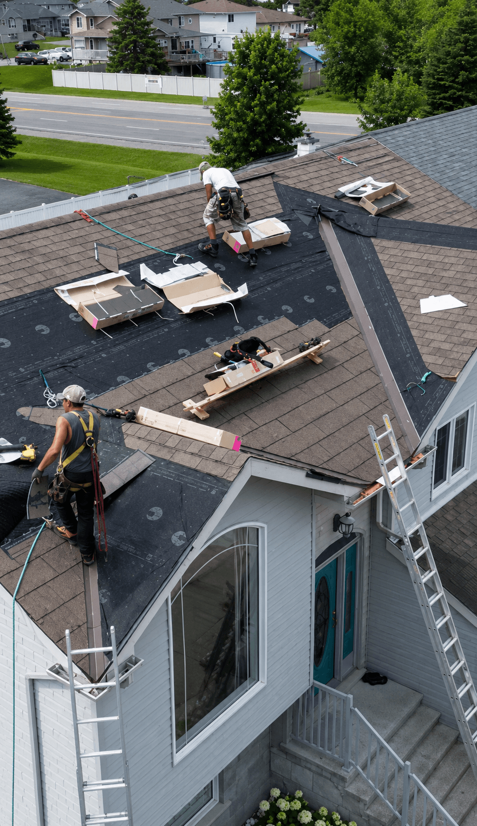 Installation crew fitting a metal roof on a residential property